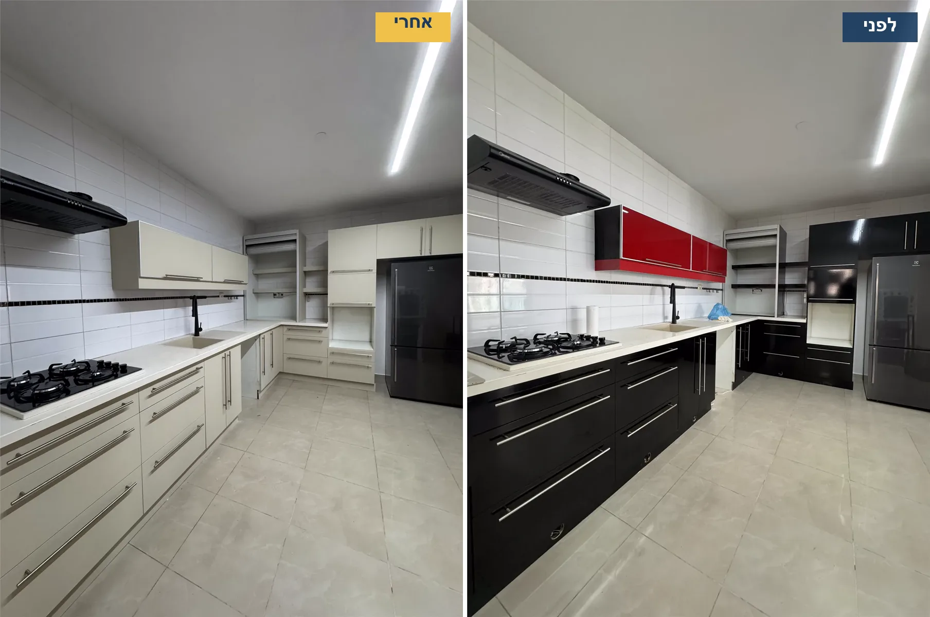 טפט לארונות מטבח לפני ואחרי: מטבח אדום ושחור מבריק באשדוד שחודש בטפט קשמיר מט SD919