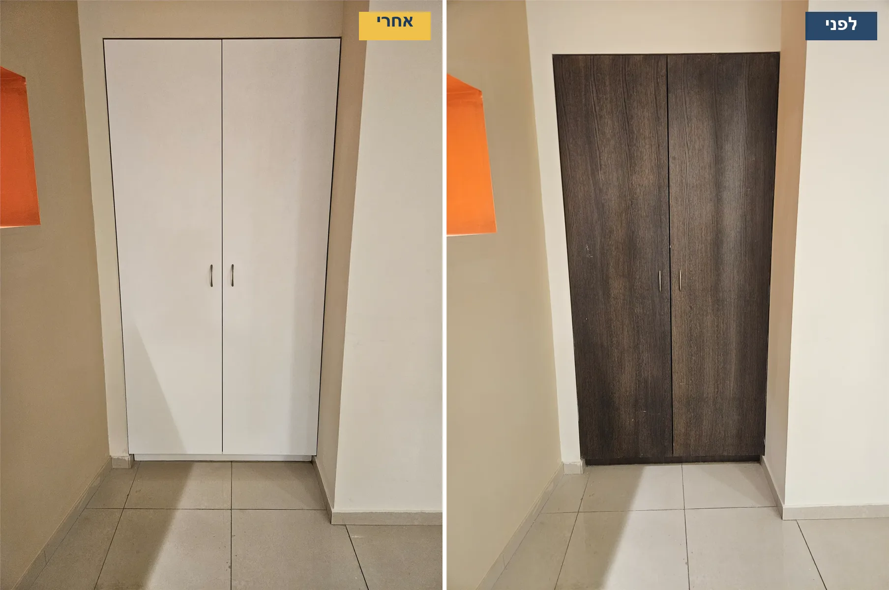 חידוש ארון קיר במשרדים לפני ואחרי: ארון בגוון וונגה כהה בפתח תקווה שחודש בטפט דמוי שליכט לבן ST100
